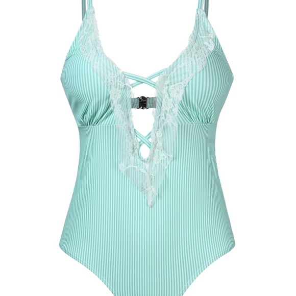 green and white striped one piece swimsuit